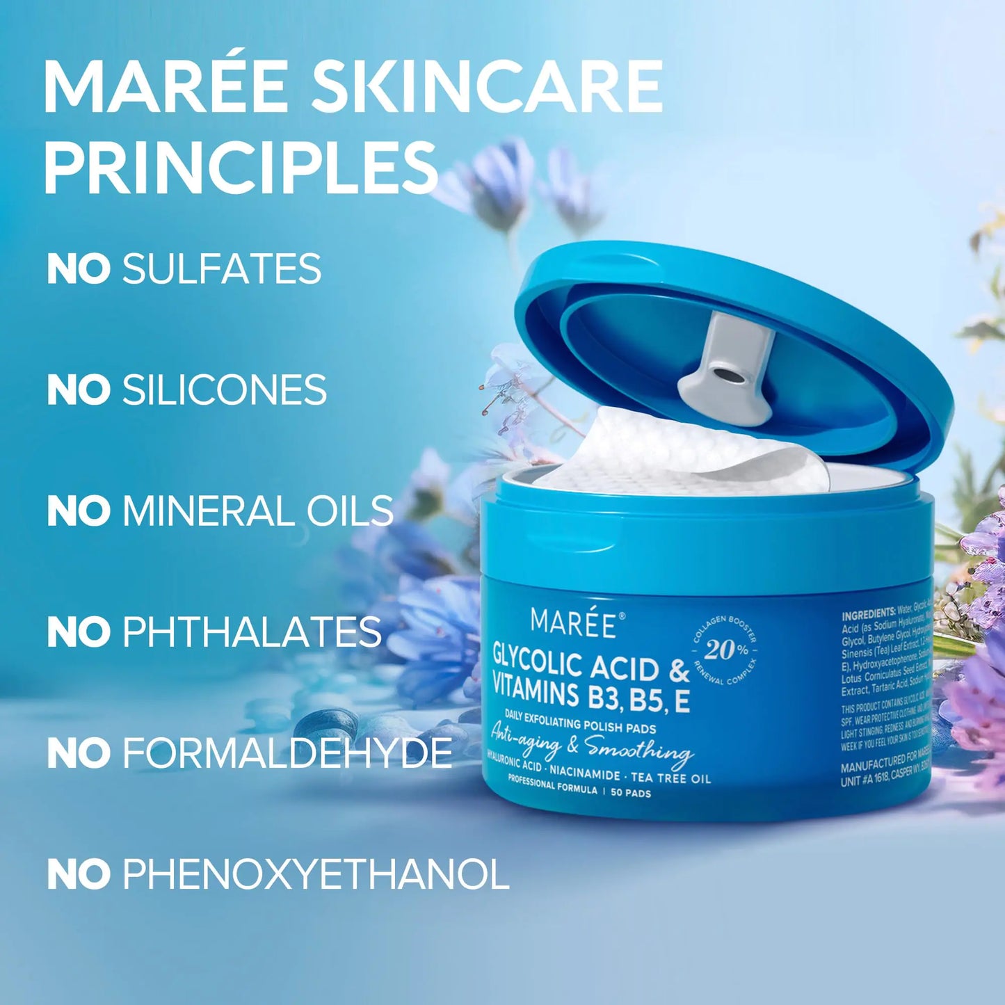 MAREE Facial Polish - Glycolic Acid Peel Pads for Face With Tea Tree Oil - Exfoliating Polish with Salicylic Acid & Vitamins E, B3, B5 - Face Pads with Skin Peeling & Deep Cleaning Effect - 50 Pads