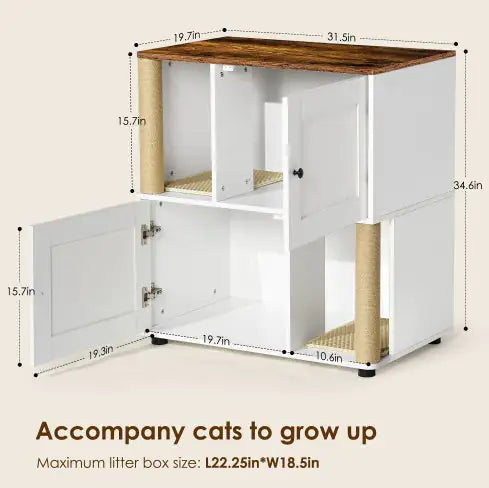 Double Cat Litter Box Enclouse,Cat Litter Box Enclosure For 2 Cats, Cat Litter Cabinet, Double Litter Box Enclosure With Shelve, Fit Most Of Litter Box, White Vintage