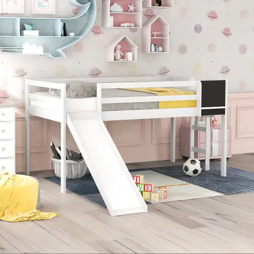 Twin Size Loft Bed Wood Bed With Slide, Stair And Chalkboard,White