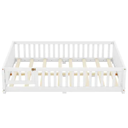 Full Size Bed Floor Bed With Safety Guardrails And Door For Kids, White