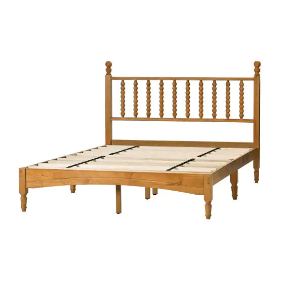 Wooden Bed Frame With Spindle Headboard, Solid Rubberwood Bed