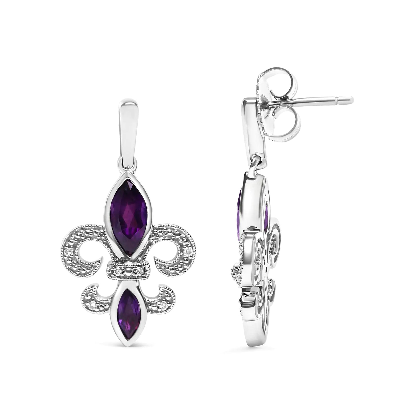 .925 Sterling Silver Marquise Cut Amethyst and Diamond Accent Fleur De Lis Dangle Stud Earrings (H-I Color, SI1-SI2 Clarity)