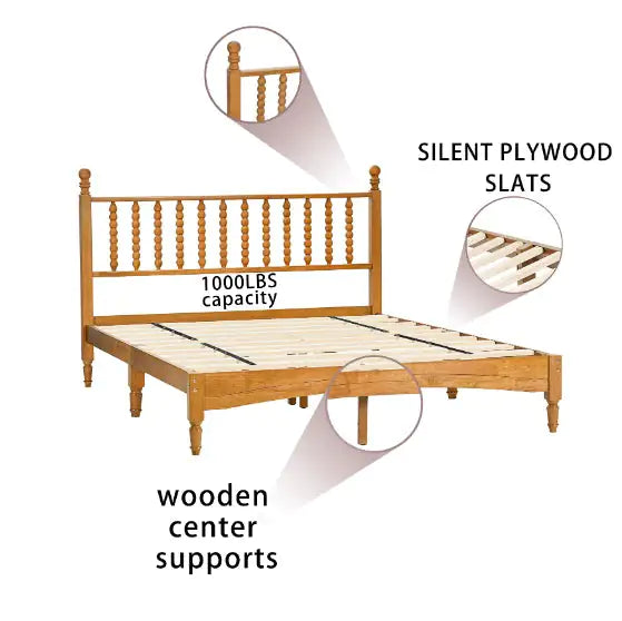 Queen Wood Bed Frame With Headboard, Solid Rubber Wood Bed