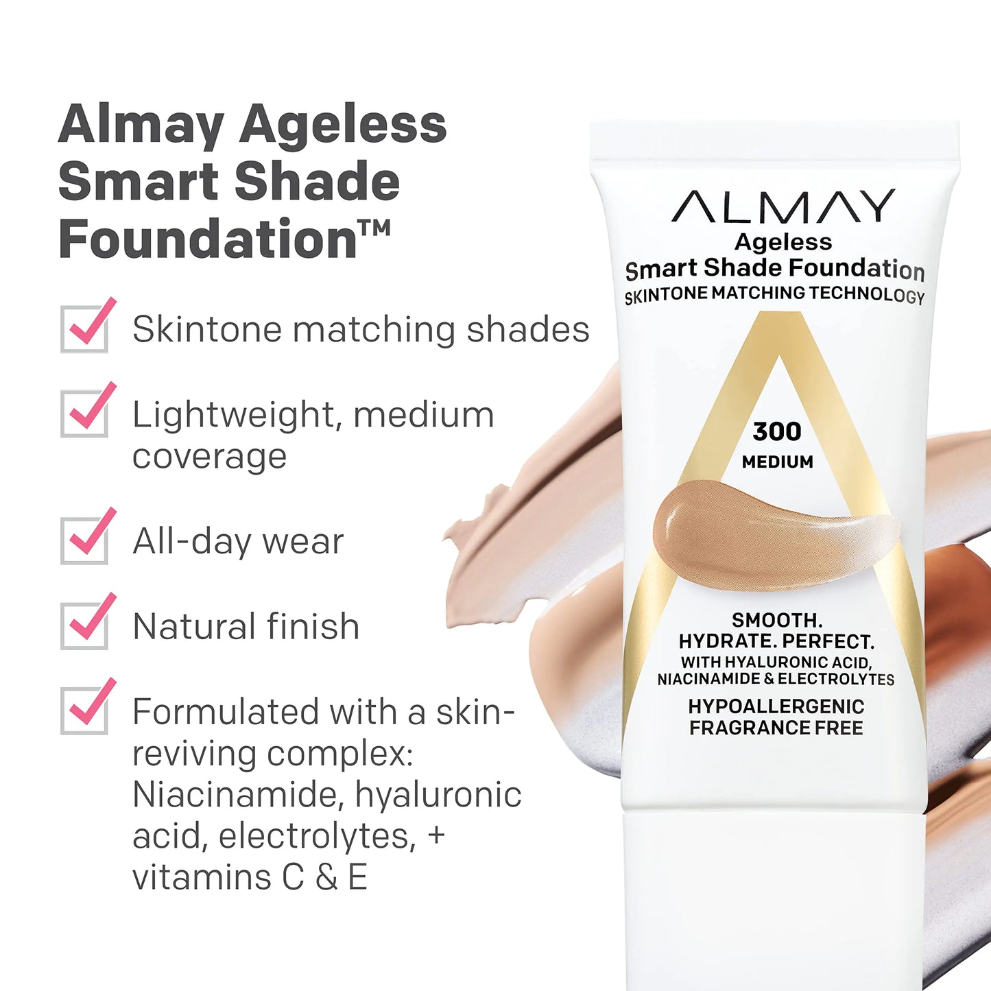 Almay Anti-Aging Foundation, Smart Shade Face Makeup with Hyaluronic Acid, Niacinamide, Vitamin C & E, Hypoallergenic-Fragrance Free, 100 Light, 1 Fl Oz (Pack of 1) 1 Fl Oz (Pack of 1)