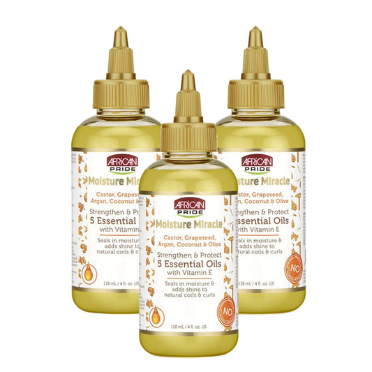 African Pride Moisture Miracle 5 Essential Oils - Contains Castor, Grapeseed, Argan, Coconut & Olive Oil, Seals in Moisture & Adds Shine to Hair, Vitamin E, 4 oz 4 Fl Oz (Pack of 1)