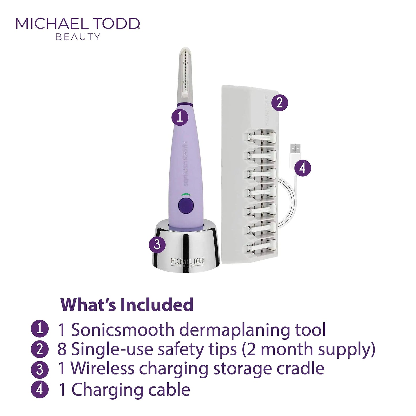 Michael Todd Beauty - Sonicsmooth – SONIC Technology Dermaplaning Tool - 2 in 1 Women’s Facial Exfoliation & Peach Fuzz Hair Removal System with 8 Weeks of Safety Edges Lavender