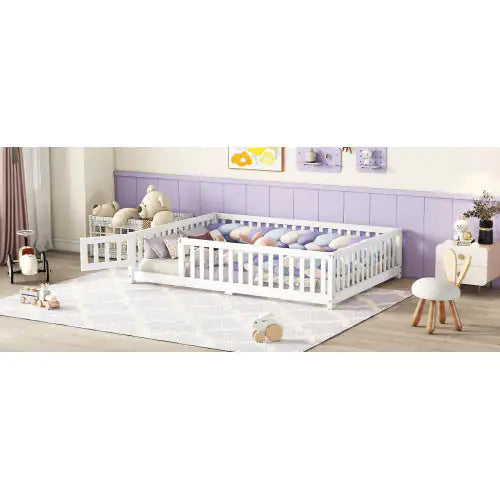 Full Size Bed Floor Bed With Safety Guardrails And Door For Kids, White