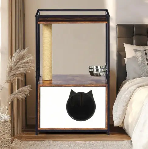 Cat Tree With Feeding Station Cat Condo With Scratching Posts, Small Cat Tree For Indoor Cats With Food Station, Furniture Style Cat House, Indoor Multifunctional Cat Furniture,White Vintage