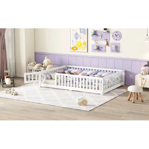 Full Size Bed Floor Bed With Safety Guardrails And Door For Kids, White