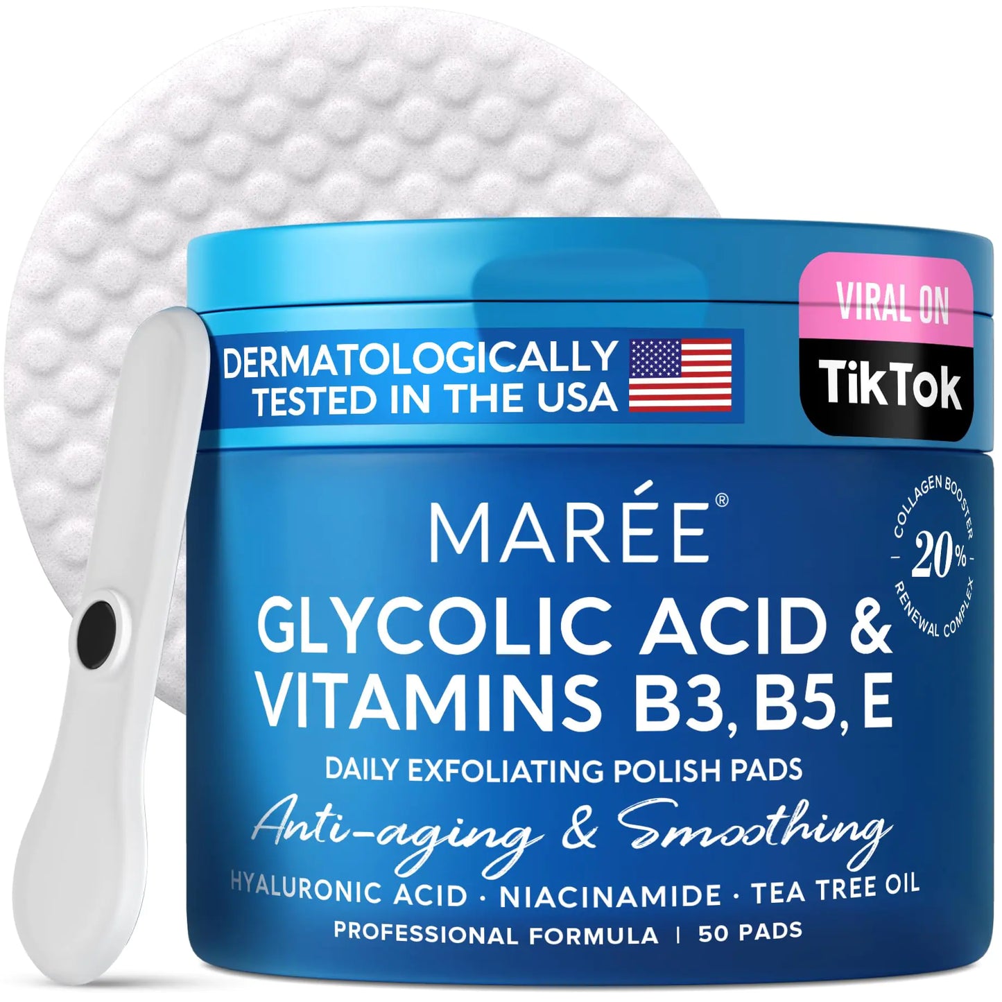 MAREE Facial Polish - Glycolic Acid Peel Pads for Face With Tea Tree Oil - Exfoliating Polish with Salicylic Acid & Vitamins E, B3, B5 - Face Pads with Skin Peeling & Deep Cleaning Effect - 50 Pads