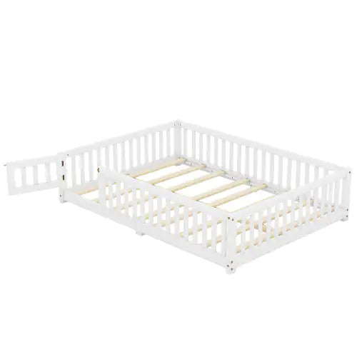 Full Size Bed Floor Bed With Safety Guardrails And Door For Kids, White