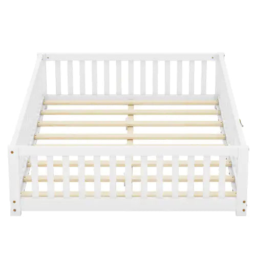 Full Size Bed Floor Bed With Safety Guardrails And Door For Kids, White