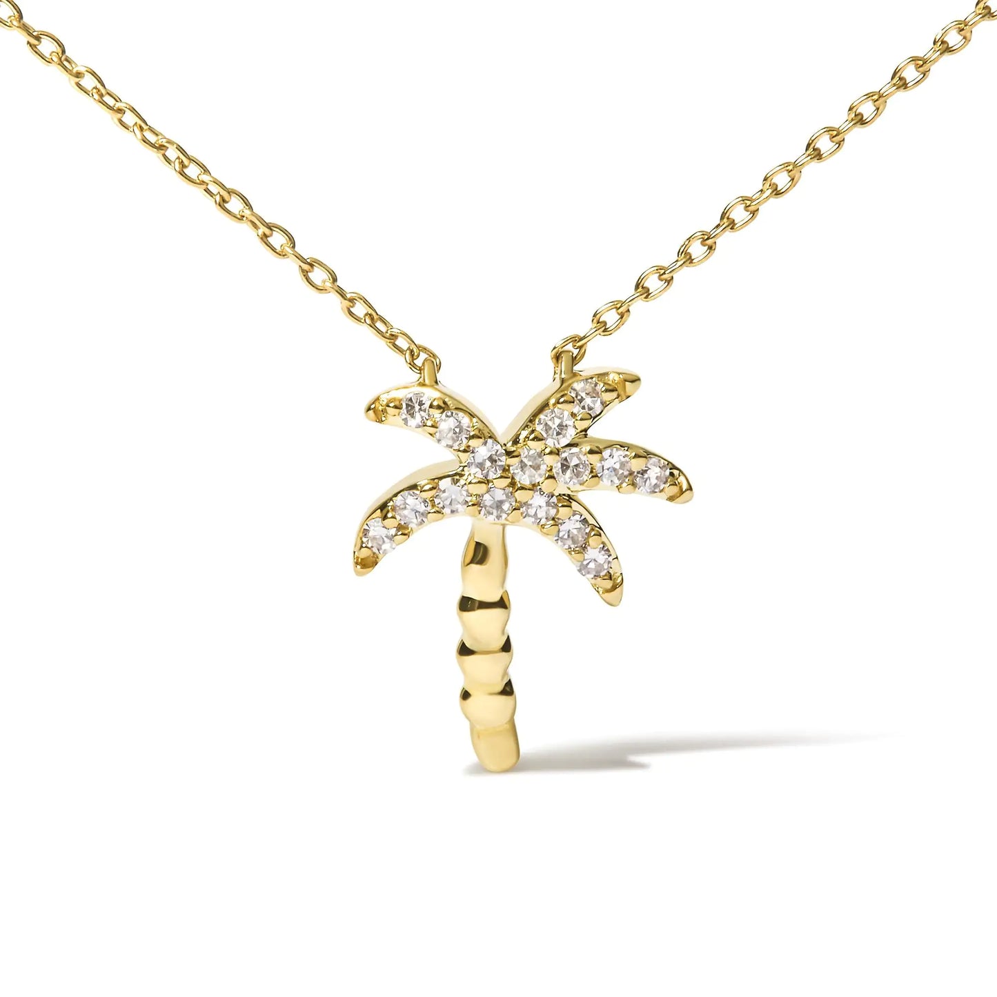 10K Yellow Gold 1/10 Cttw Round Diamond Palm Tree 18" Inch Pendant Necklace (H-I Color, I1-I2 Clarity)