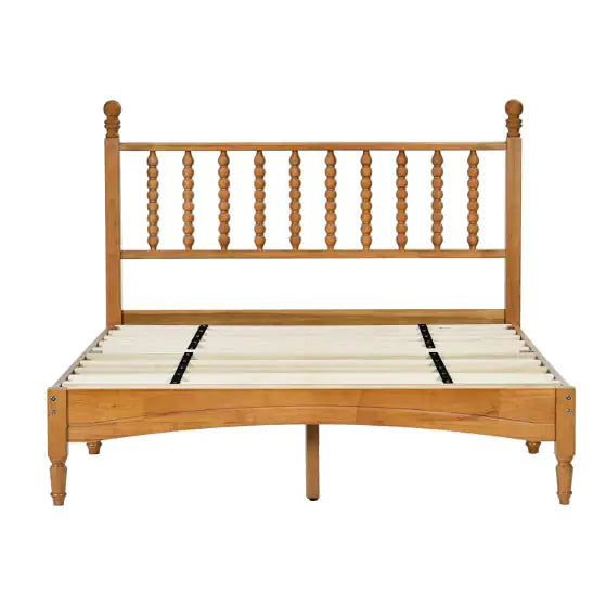 Wooden Bed Frame With Spindle Headboard, Solid Rubberwood Bed