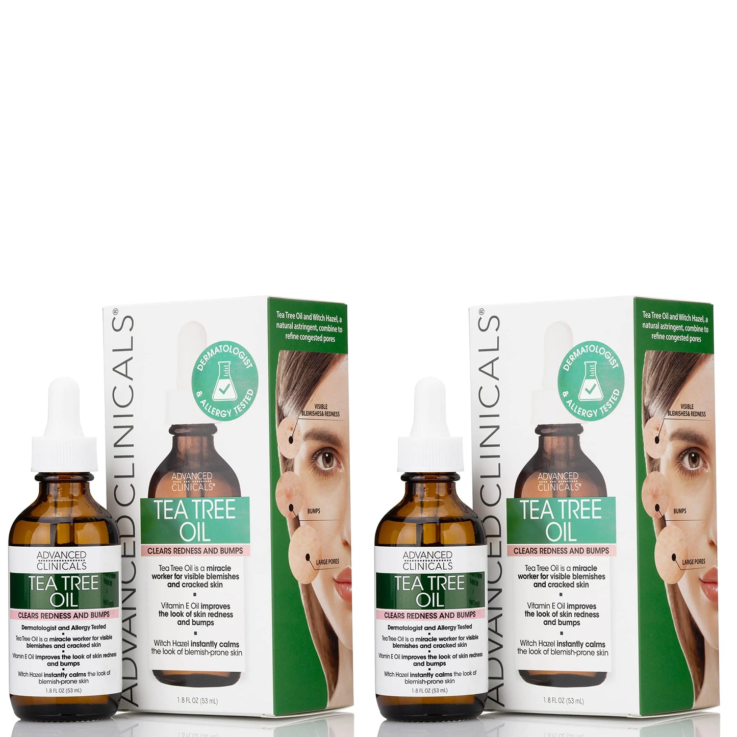 Advanced Clinicals Vegan Tea Tree Oil For Skin | Acne Patch Vegan Facial Serum | Targets Redness, Bumps, Breakouts, & Acne Scars | Organic Pure Tea Tree Oil For Face W/Vitamin E & Witch Hazel, 2pc 1.8 Fl Oz (Pack of 2)