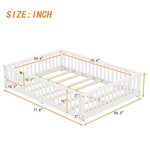 Full Size Bed Floor Bed With Safety Guardrails And Door For Kids, White