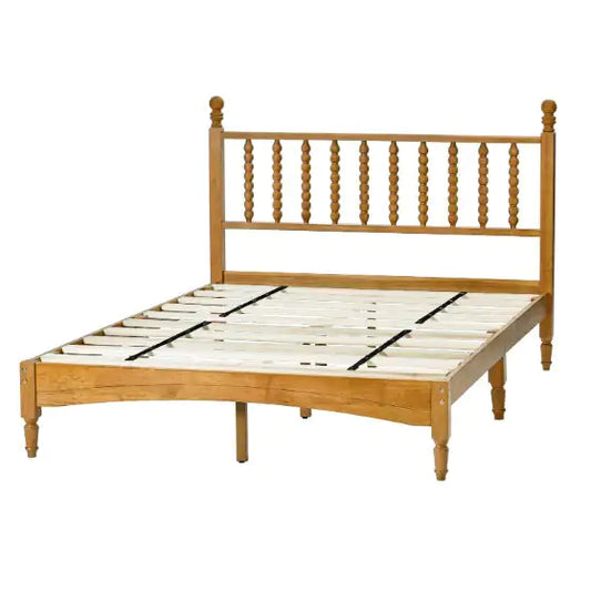 Wooden Bed Frame With Spindle Headboard, Solid Rubberwood Bed