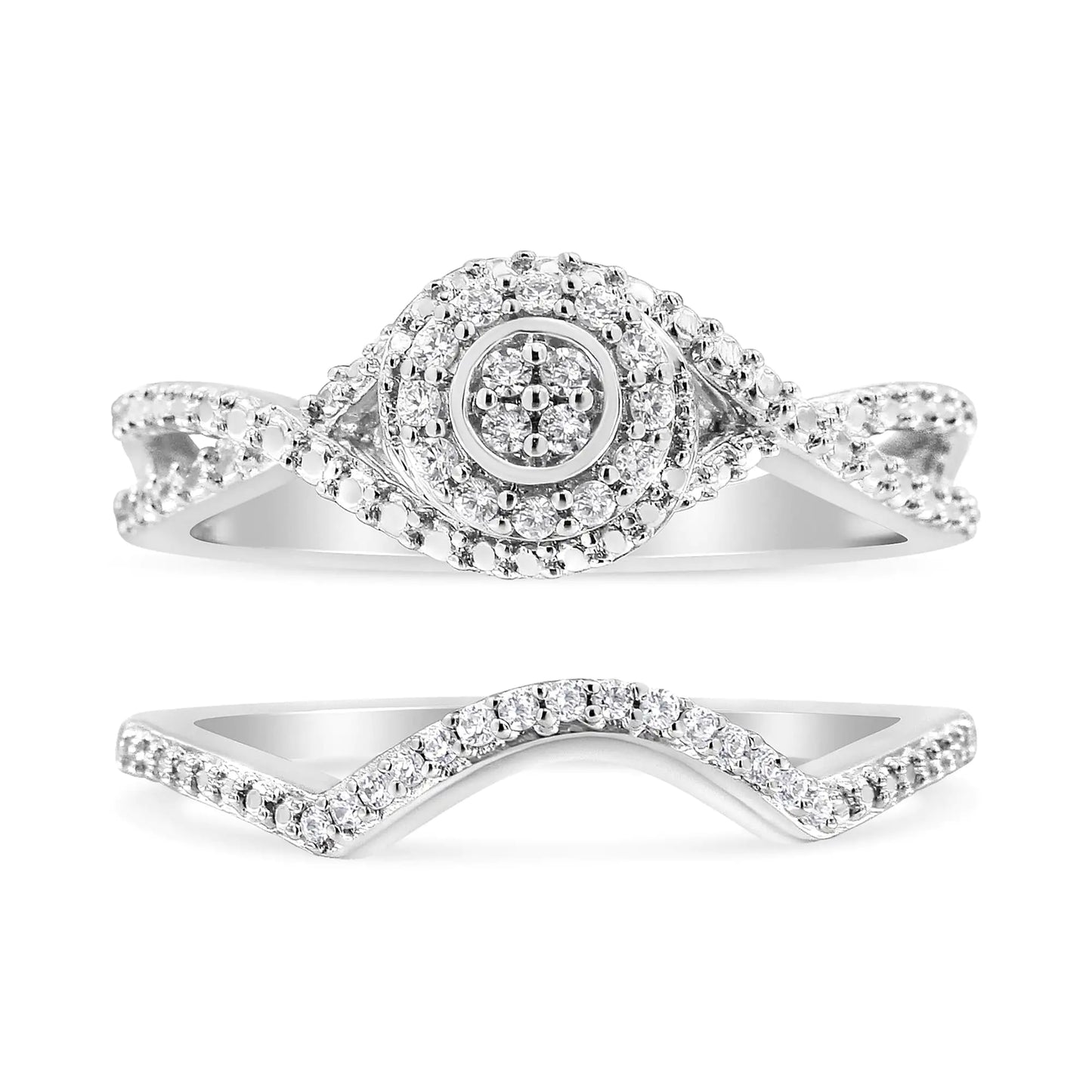 .925 Sterling Silver 1/6 Cttw Diamond Composite Halo and Split Shank Bridal Set Ring and Band  (I-J Color, I3 Clarity)